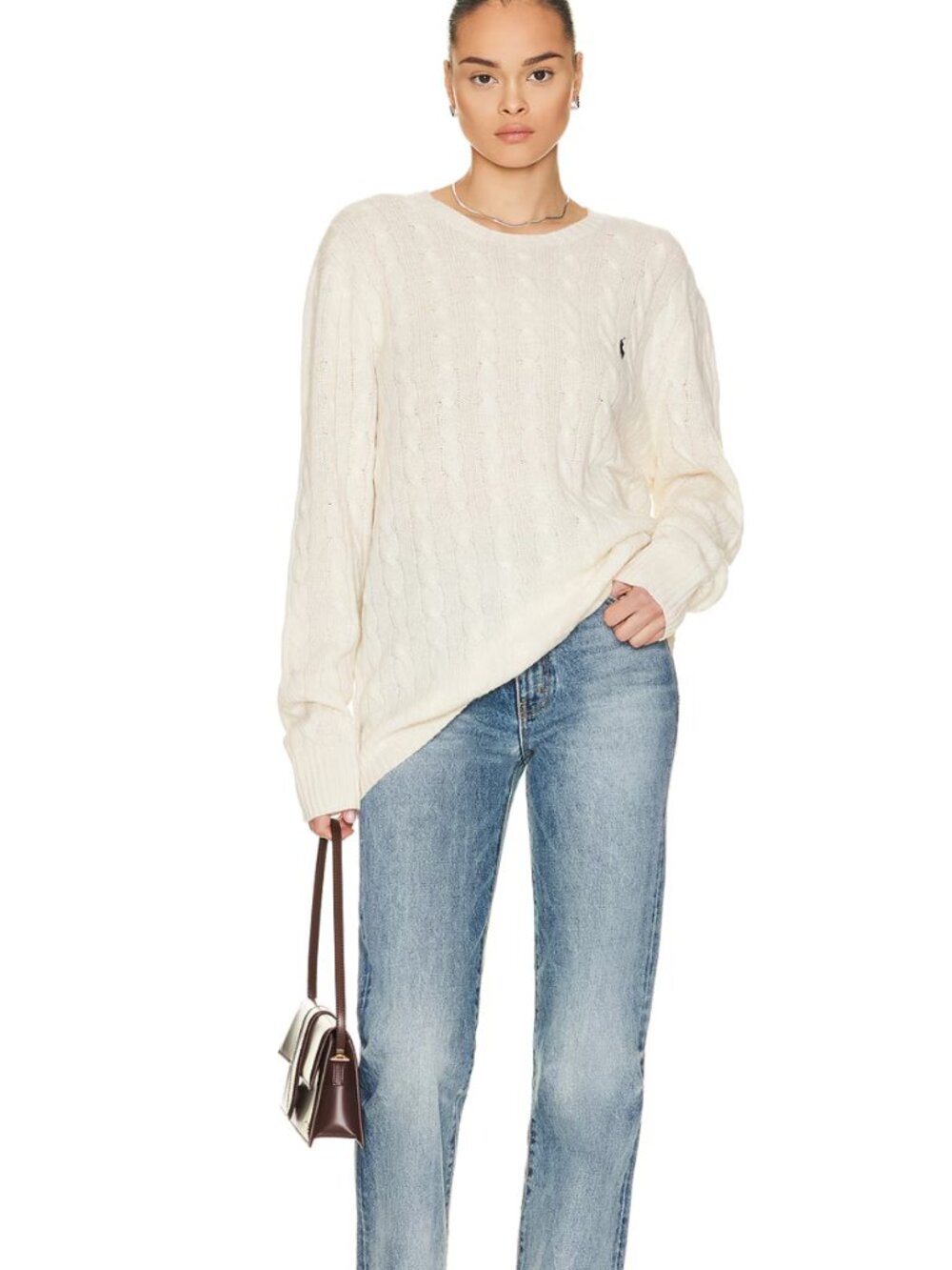 POLO by RALPH LAUREN Oversized Cable-Knit Crewneck Sweater in Andover Cream Sz L